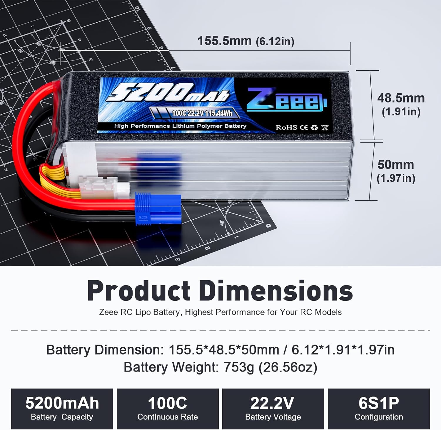 Zeee 6S 5200mAh Lipo Batterij  - 6S Lipo Battery 22.2V 5000Mah recensie en prijs